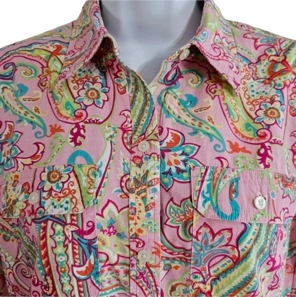 Vintage Chaps Classics Pink Paisley Button Up Shirt M Boho Preppy Y2K Blouse - Picture 3 of 8